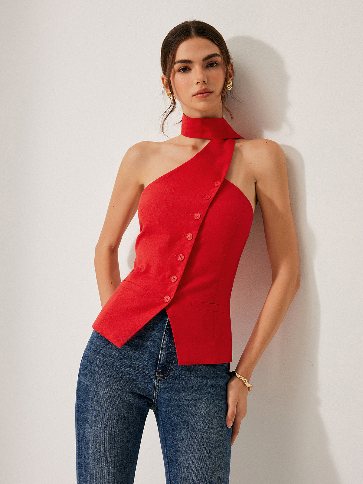 Linen Blend Halter Neck Utility Pocket Top