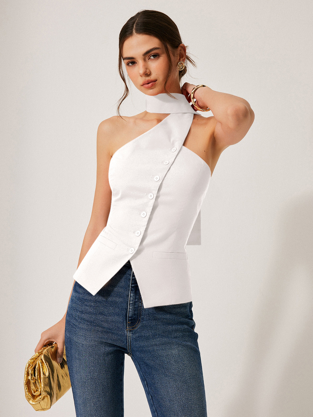 Linen Blend Halter Neck Utility Pocket Top