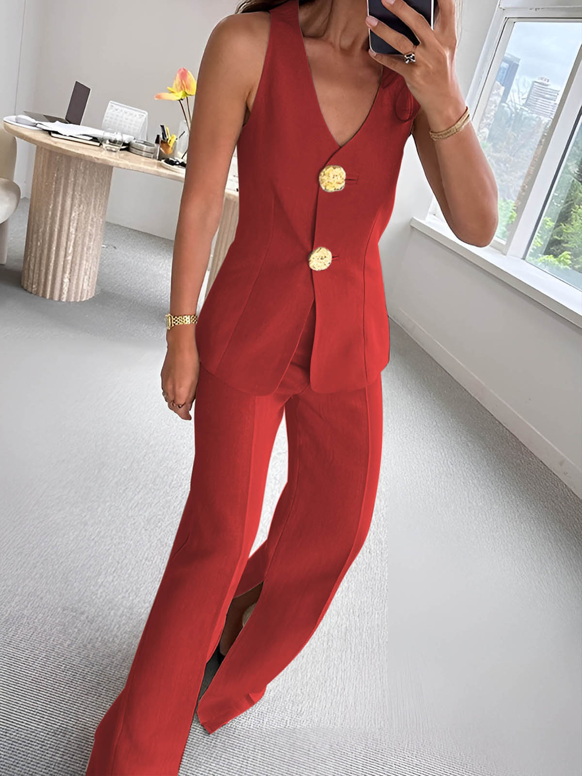 Tailored Sleeveless Button-Front Trouser Set