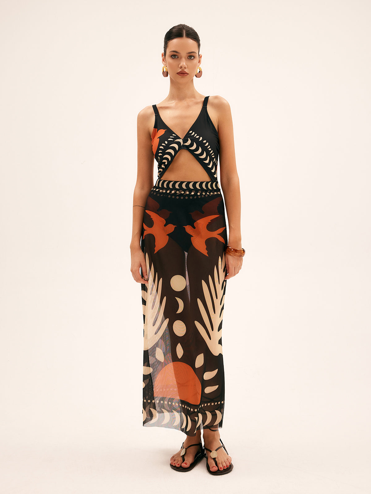 Tropical Bird Print Sheer Mesh Maxi Skirt