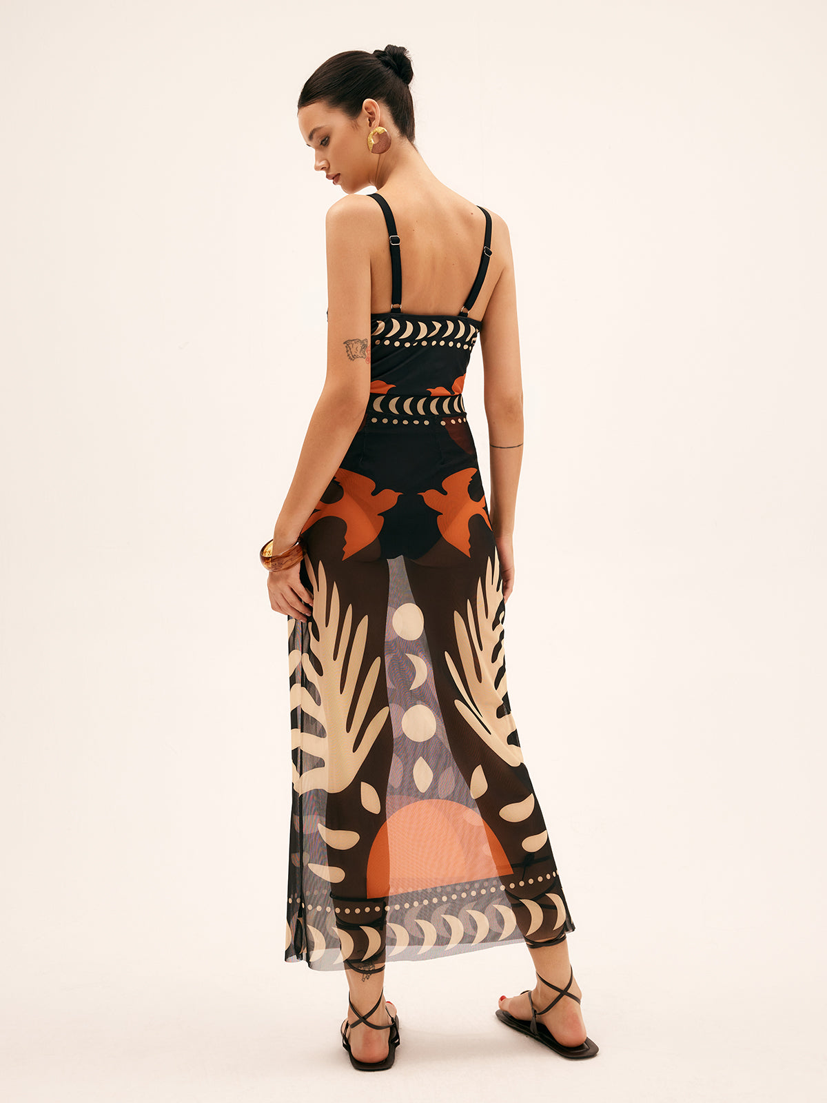 Tropical Bird Print Sheer Mesh Maxi Skirt