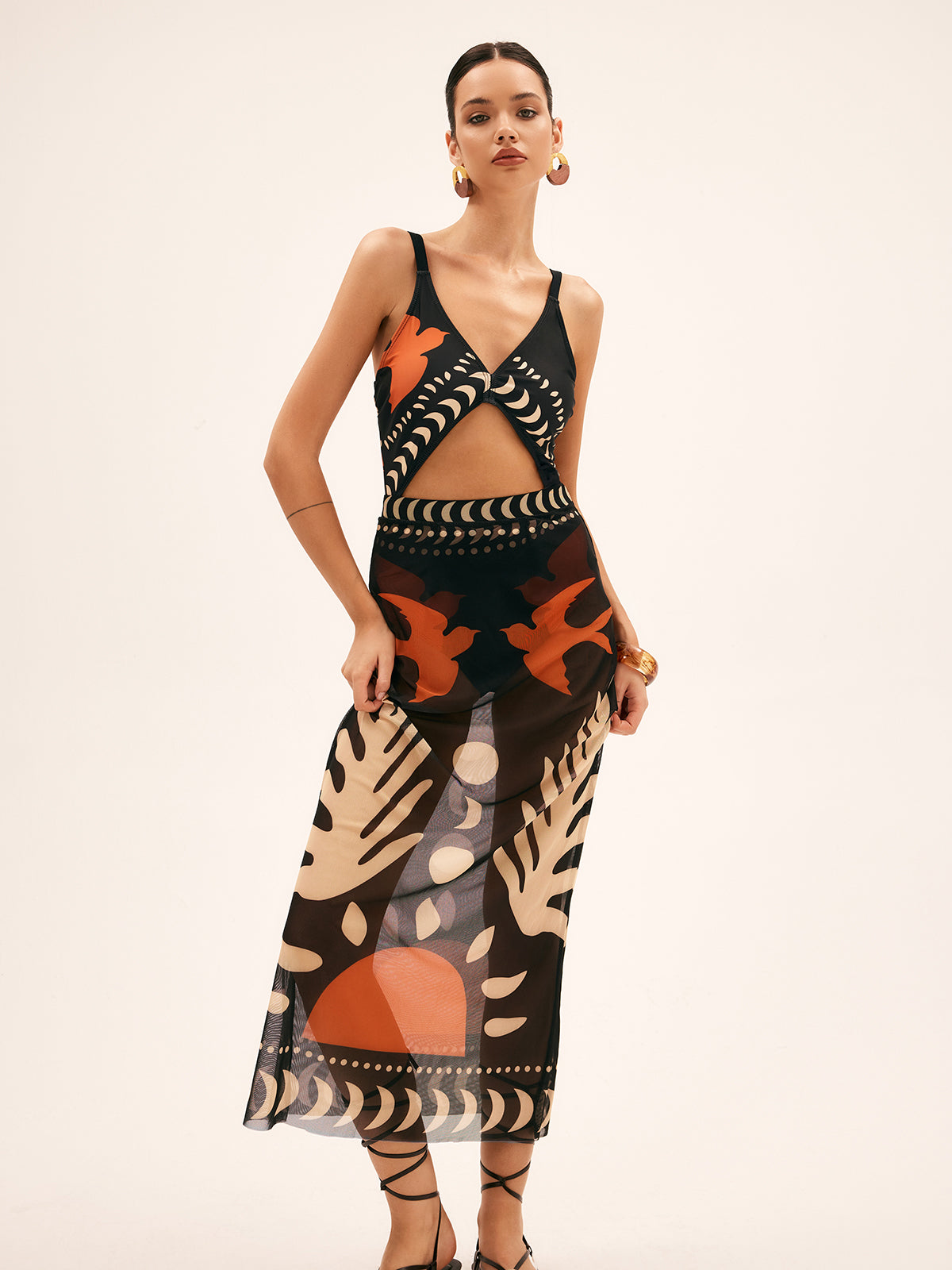 Tropical Bird Print Sheer Mesh Maxi Skirt