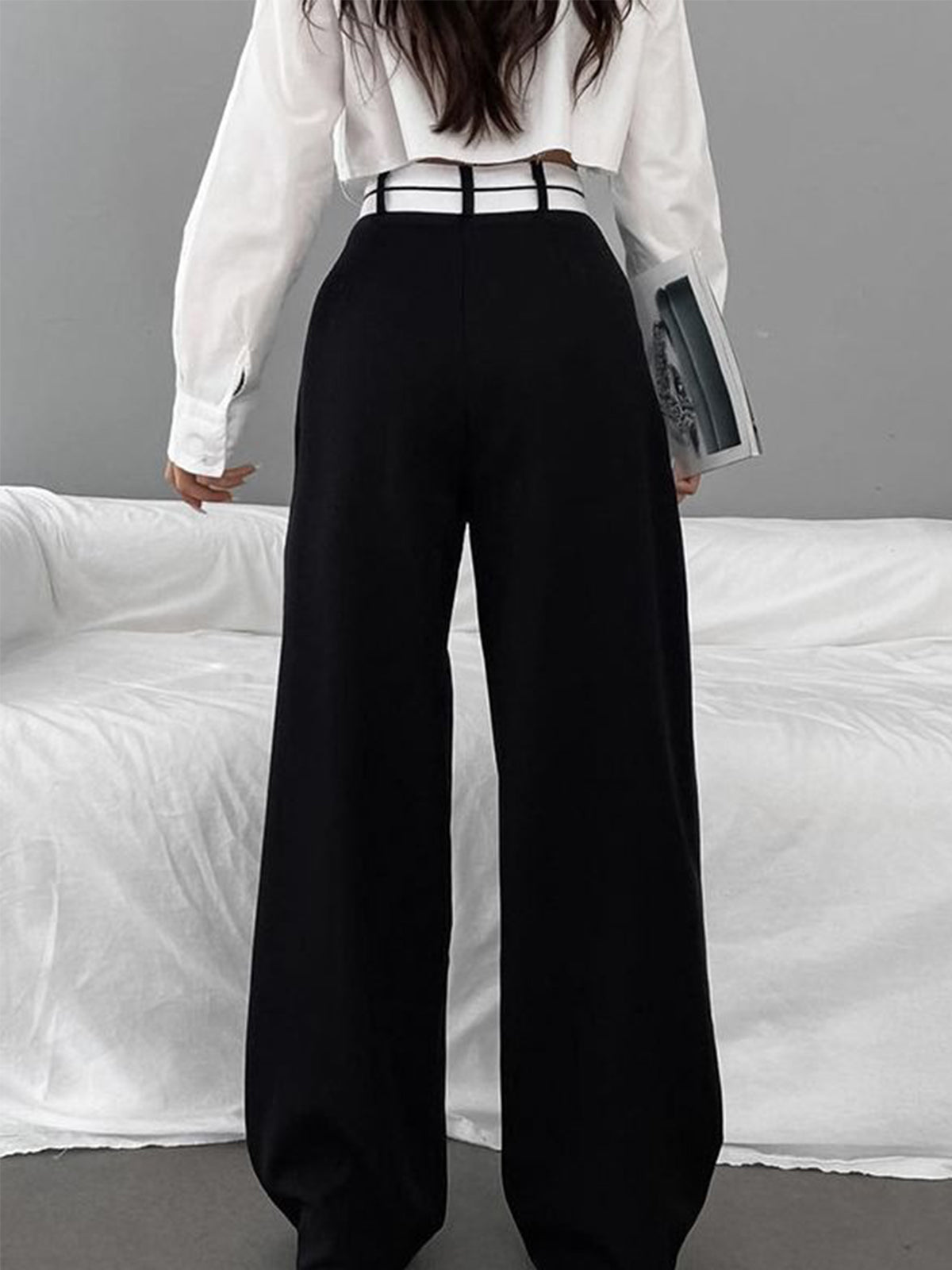 Asymmetric Contrast Waist Wide-Leg Trousers