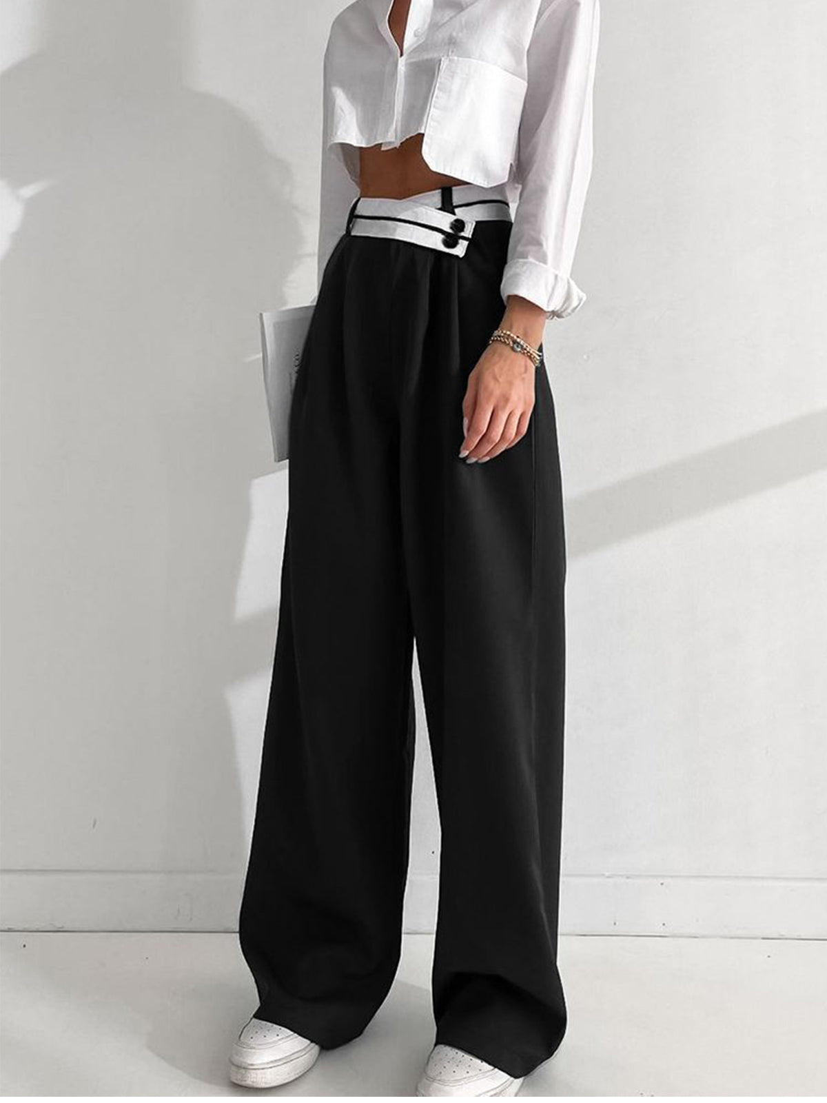 Asymmetric Contrast Waist Wide-Leg Trousers