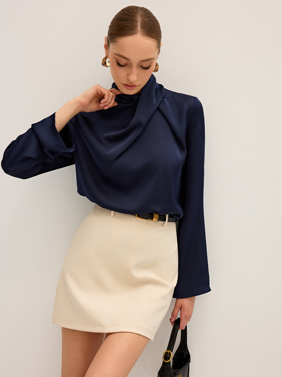 Asymmetric Satin Drape Neck Blouse