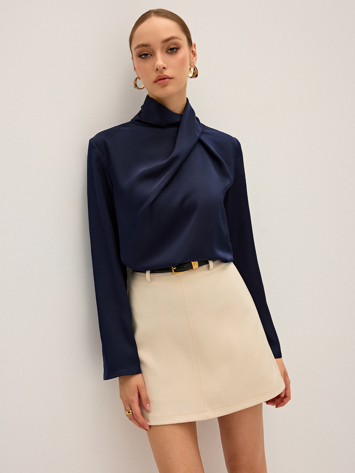 Asymmetric Satin Drape Neck Blouse