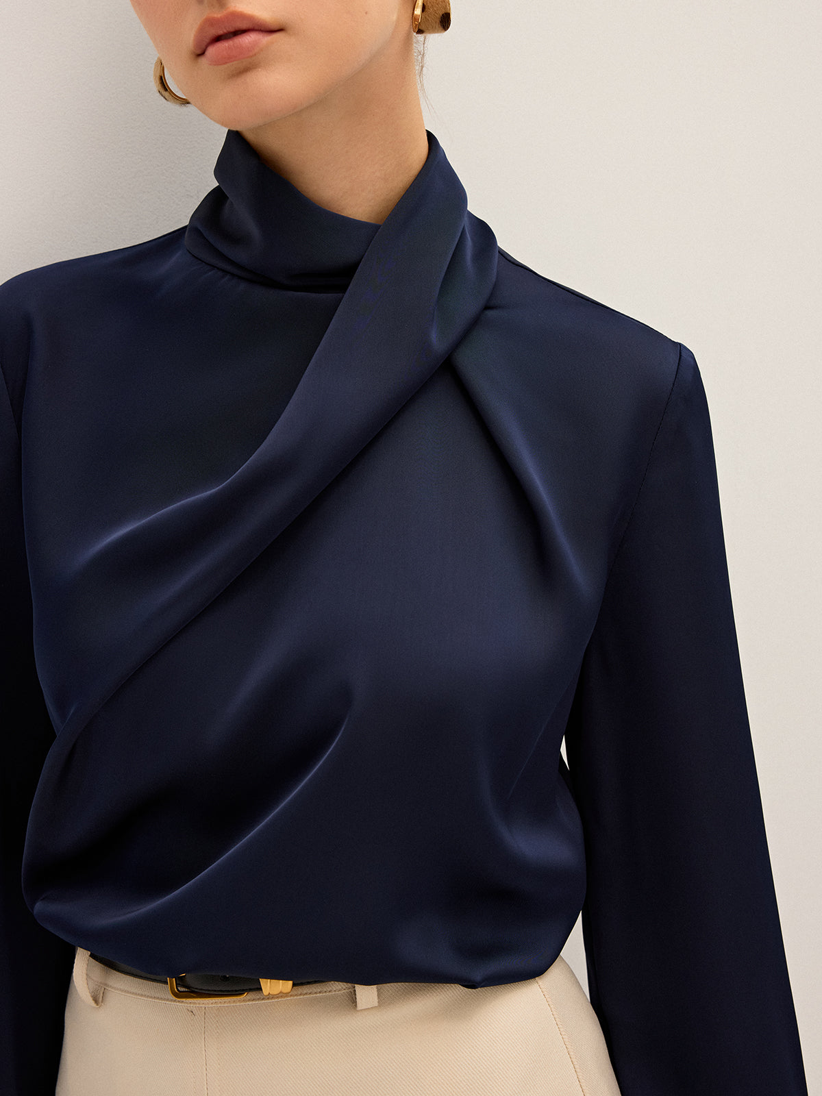 Asymmetric Satin Drape Neck Blouse