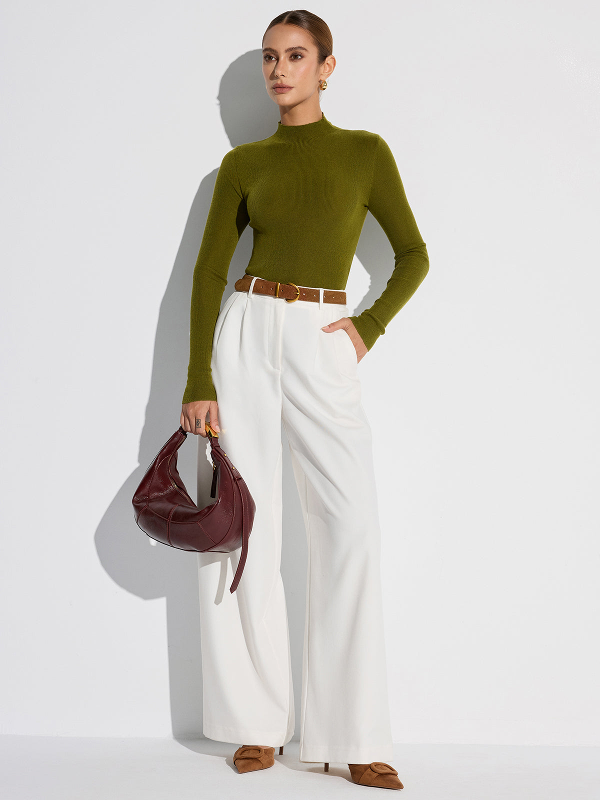 Ribbed Mock Neck Wool Blend Knit Top