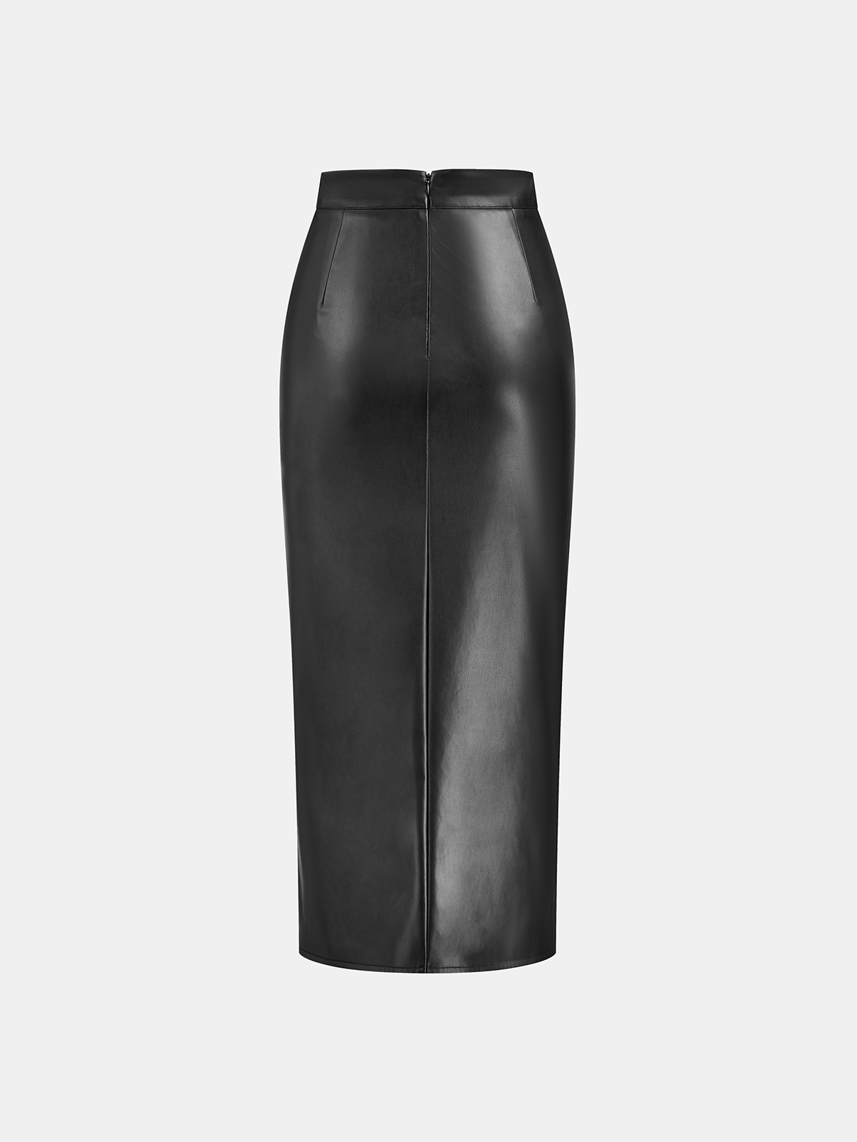 Ruched Faux Leather Slit Midi Skirt