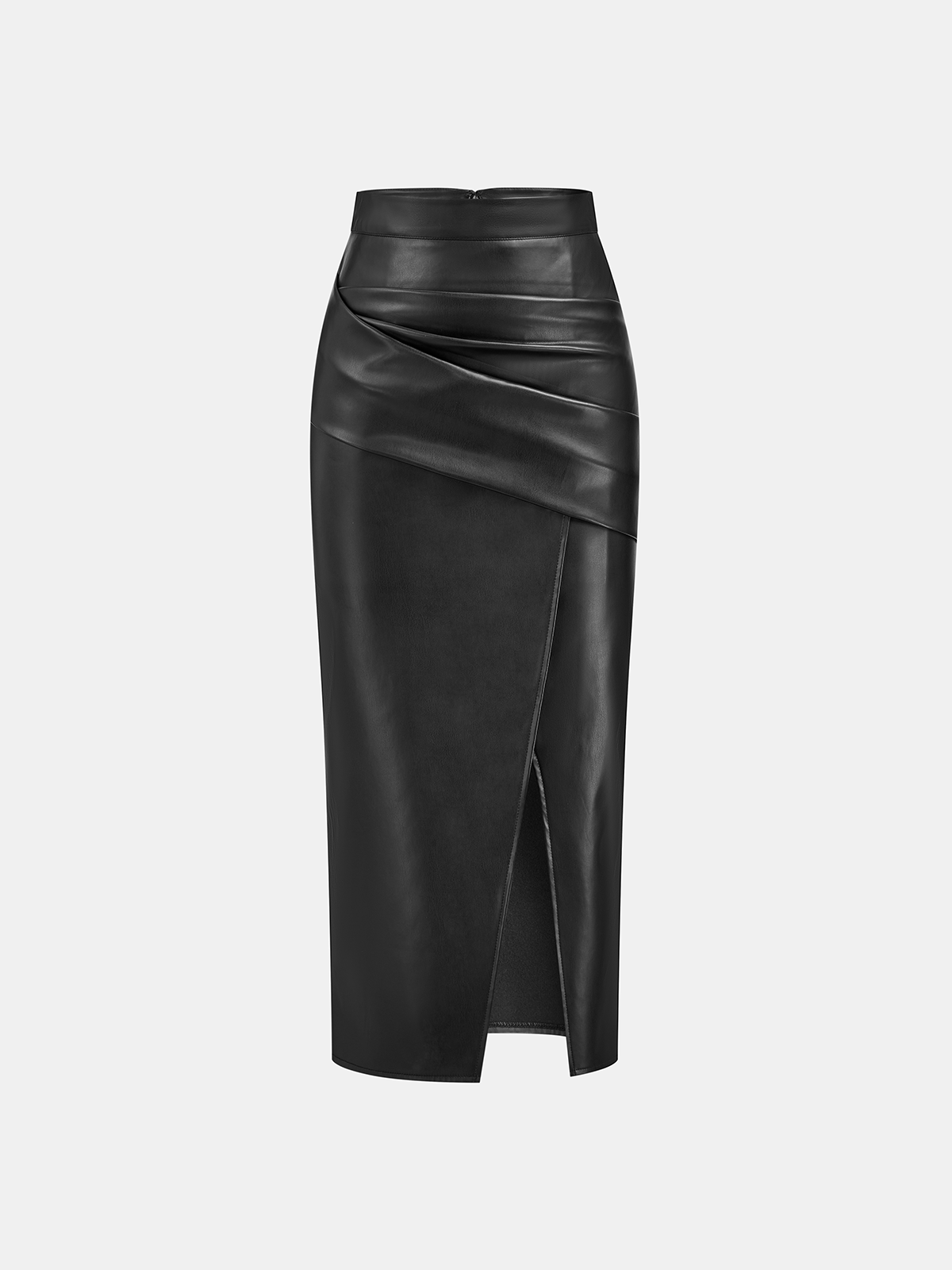 Ruched Faux Leather Slit Midi Skirt