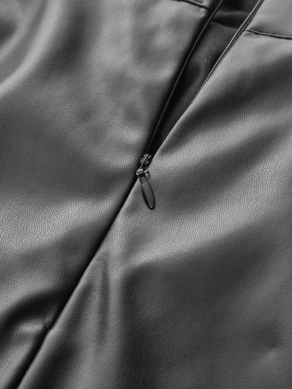 Ruched Faux Leather Slit Midi Skirt