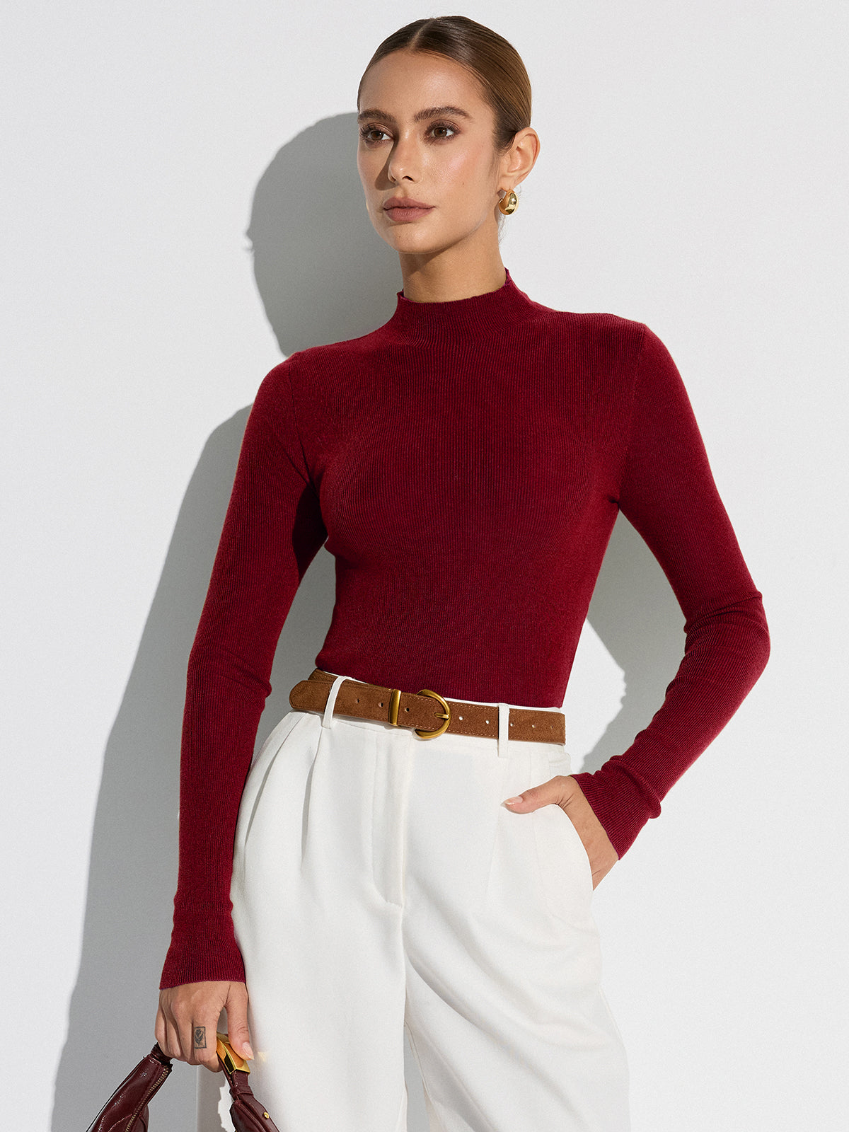 Ribbed Mock Neck Wool Blend Knit Top