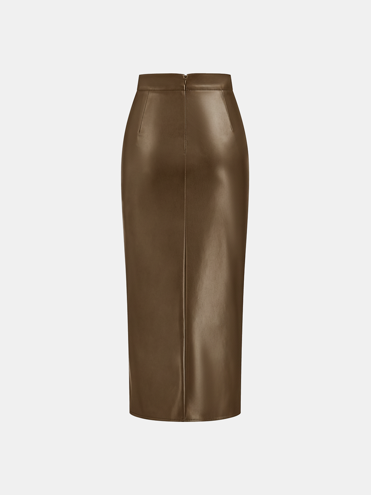 Ruched Faux Leather Slit Midi Skirt