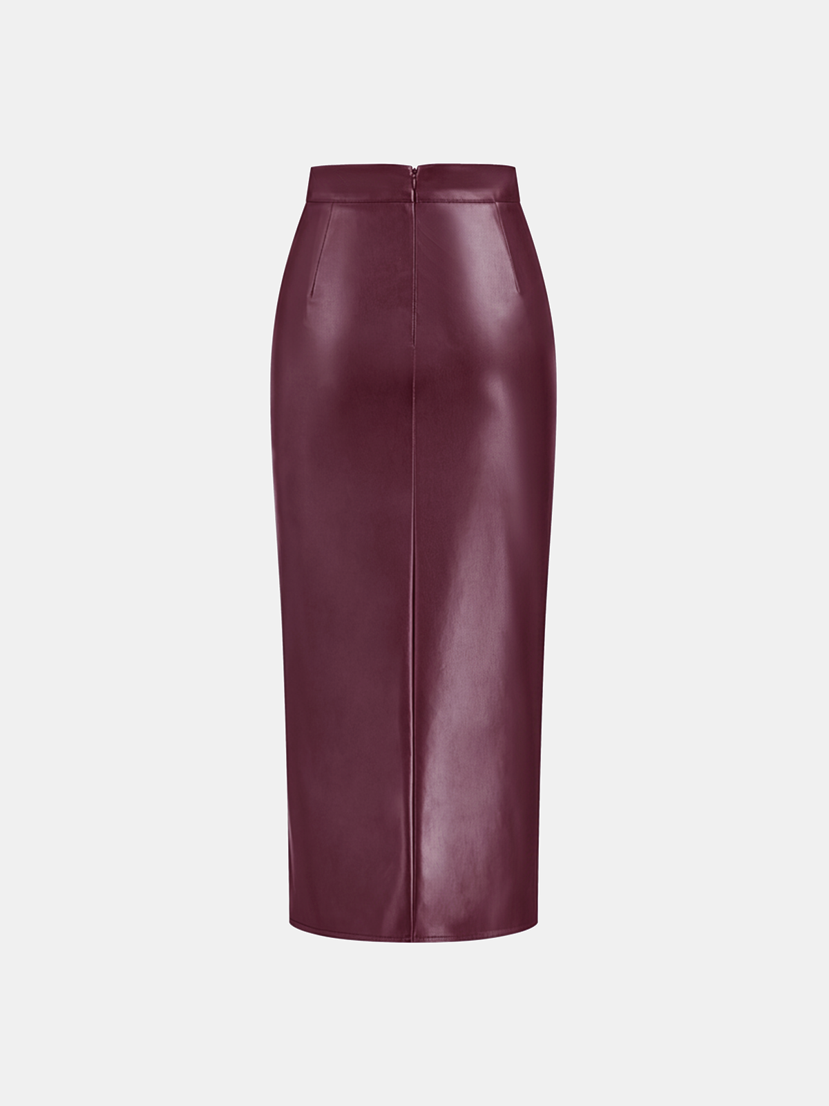Ruched Faux Leather Slit Midi Skirt
