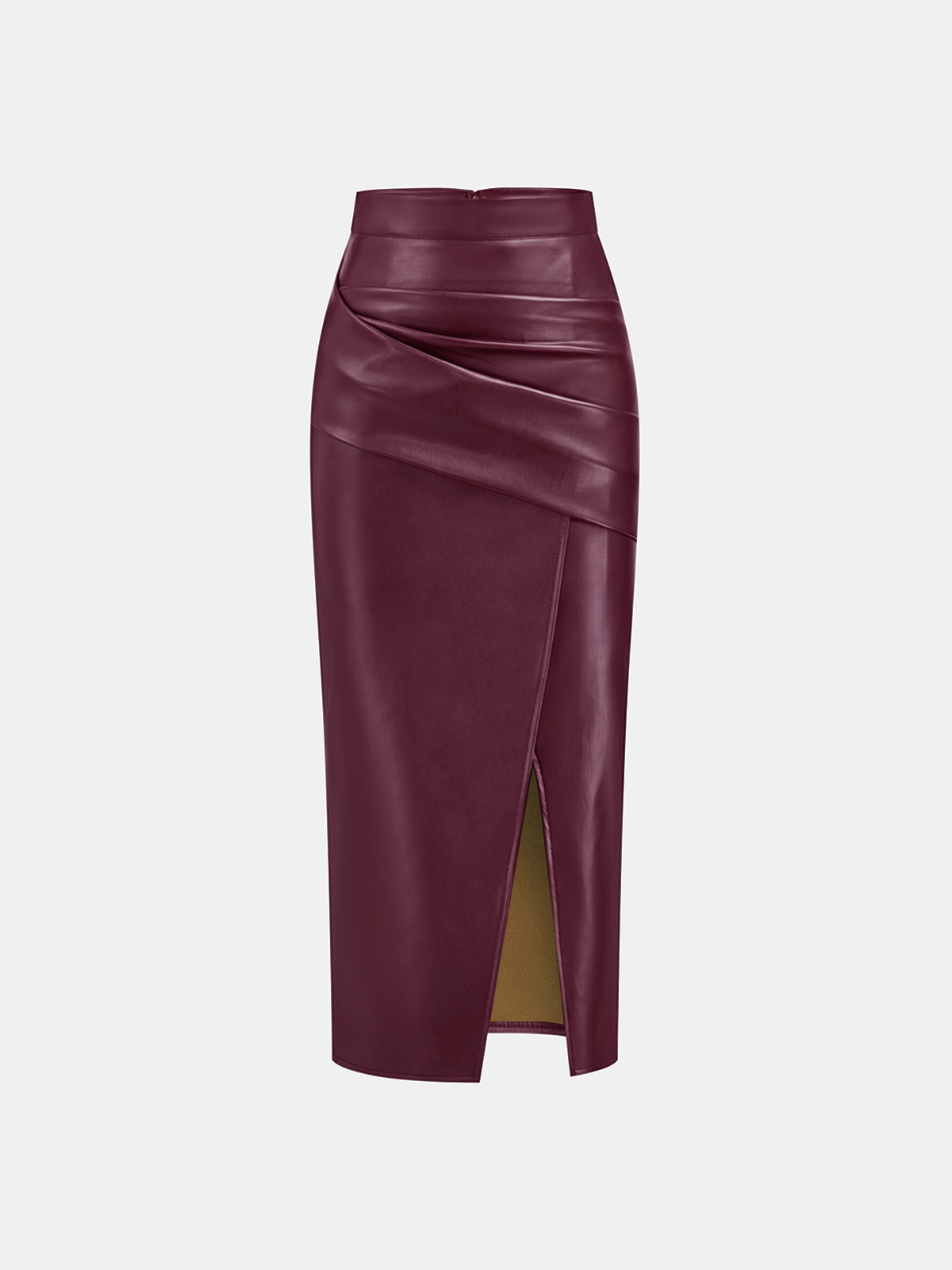 Ruched Faux Leather Slit Midi Skirt