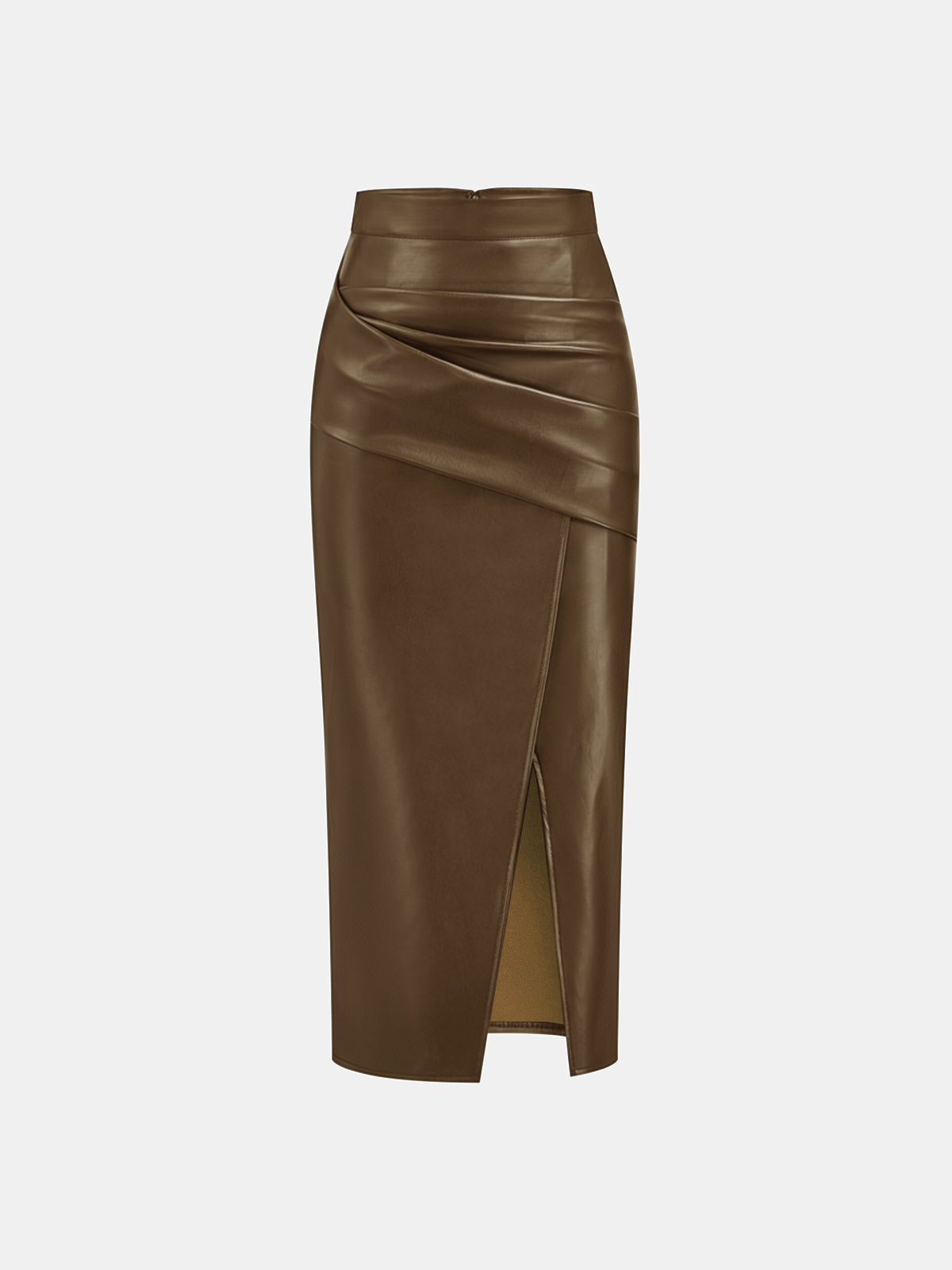Ruched Faux Leather Slit Midi Skirt