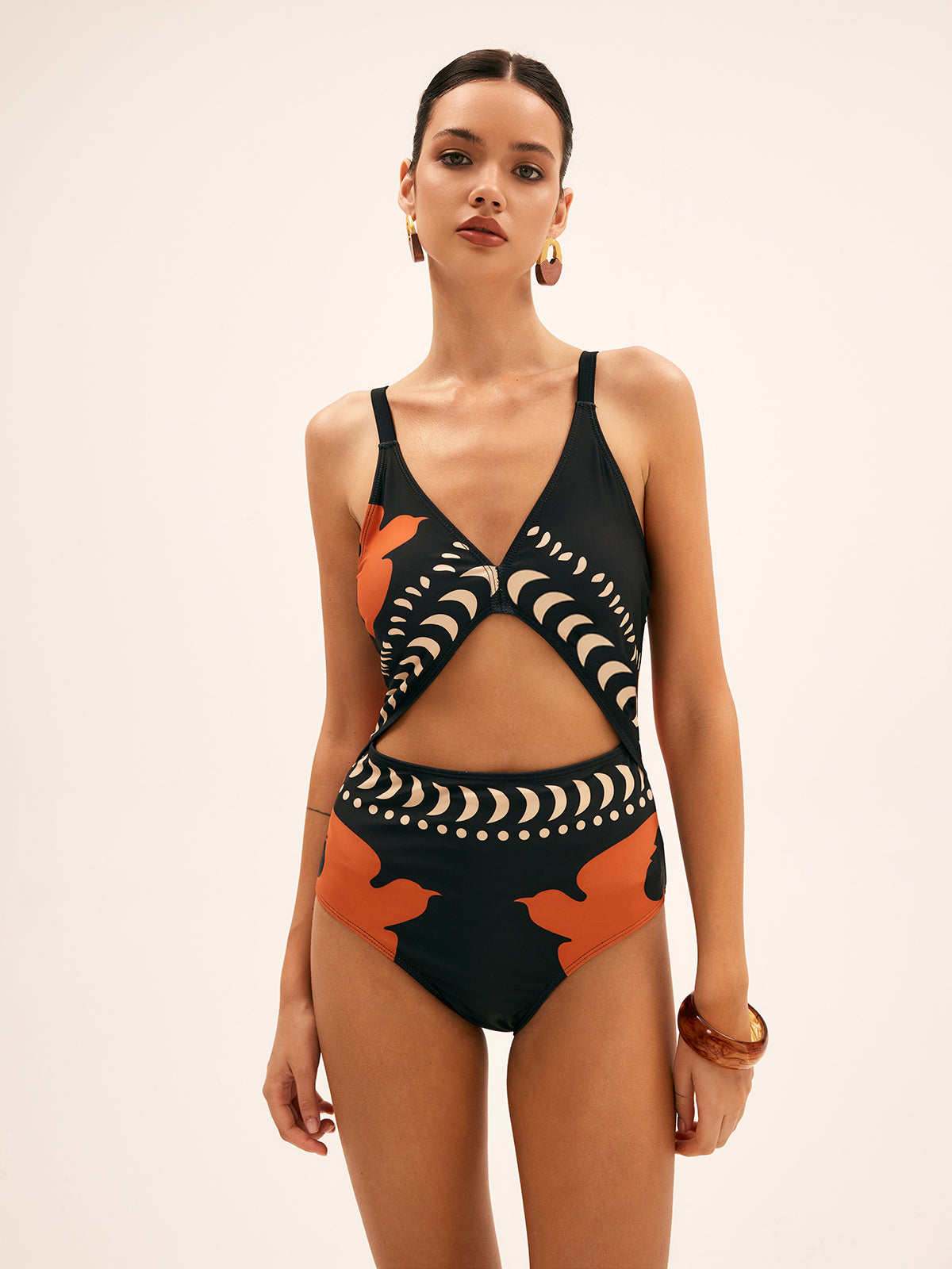 Tropical Bird Print Cutout One-Piece Swimsuit