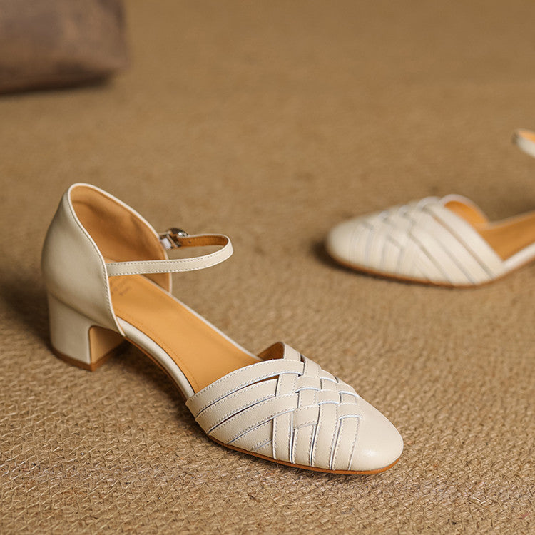 Adjustable Strap Leather Block Heel Sandals