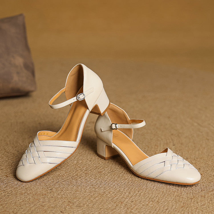 Adjustable Strap Leather Block Heel Sandals