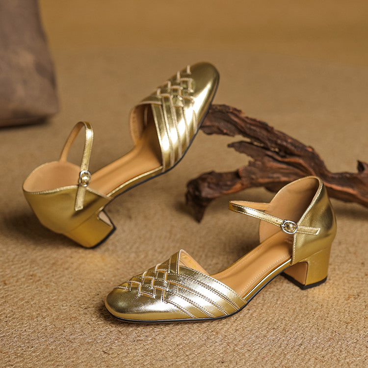 Adjustable Strap Leather Block Heel Sandals
