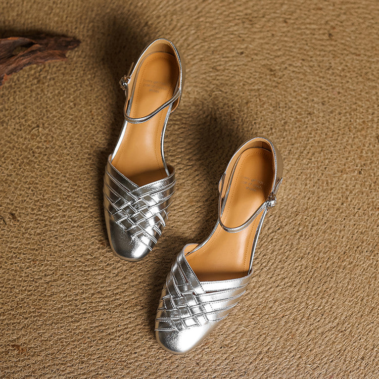 Adjustable Strap Leather Block Heel Sandals