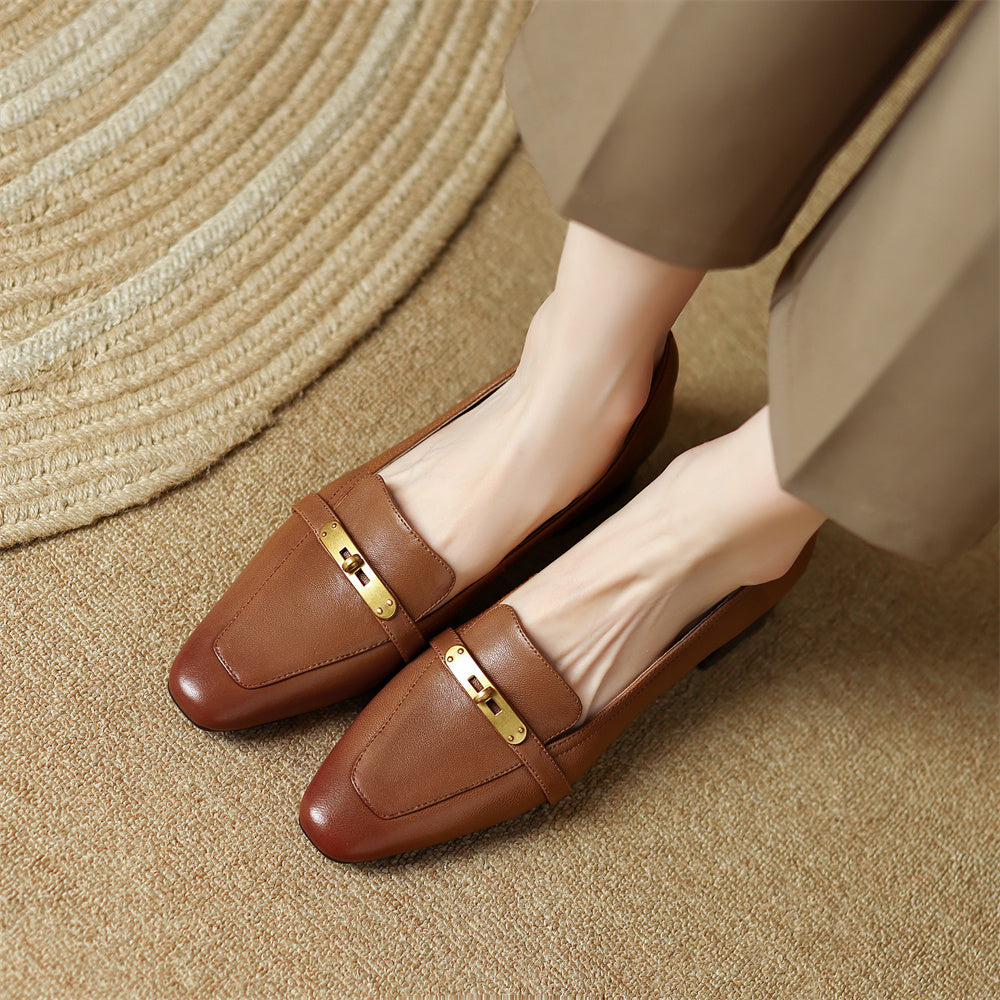 Square Toe Genuine Leather Low Block Heel Pumps