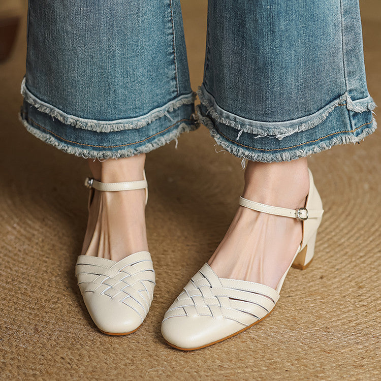 Adjustable Strap Leather Block Heel Sandals