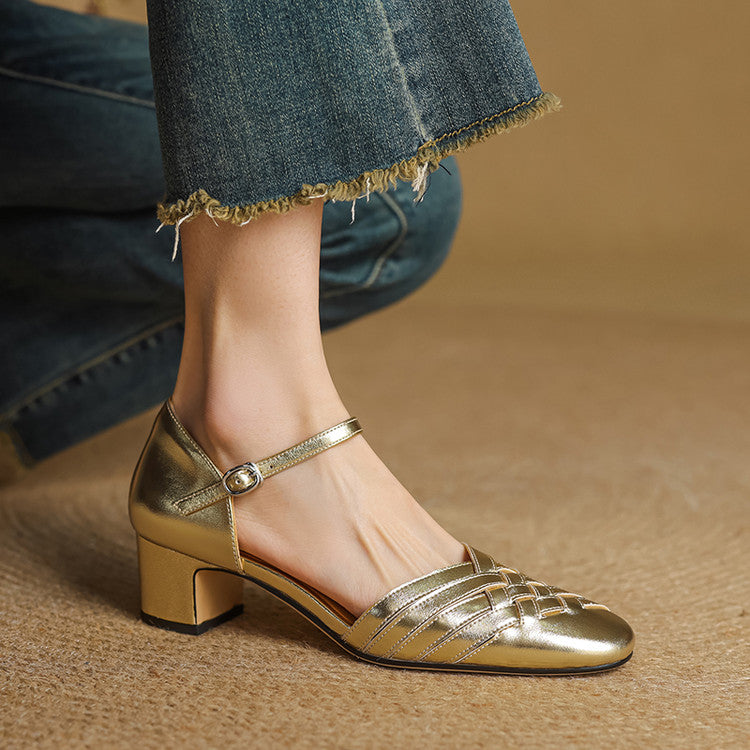 Adjustable Strap Leather Block Heel Sandals