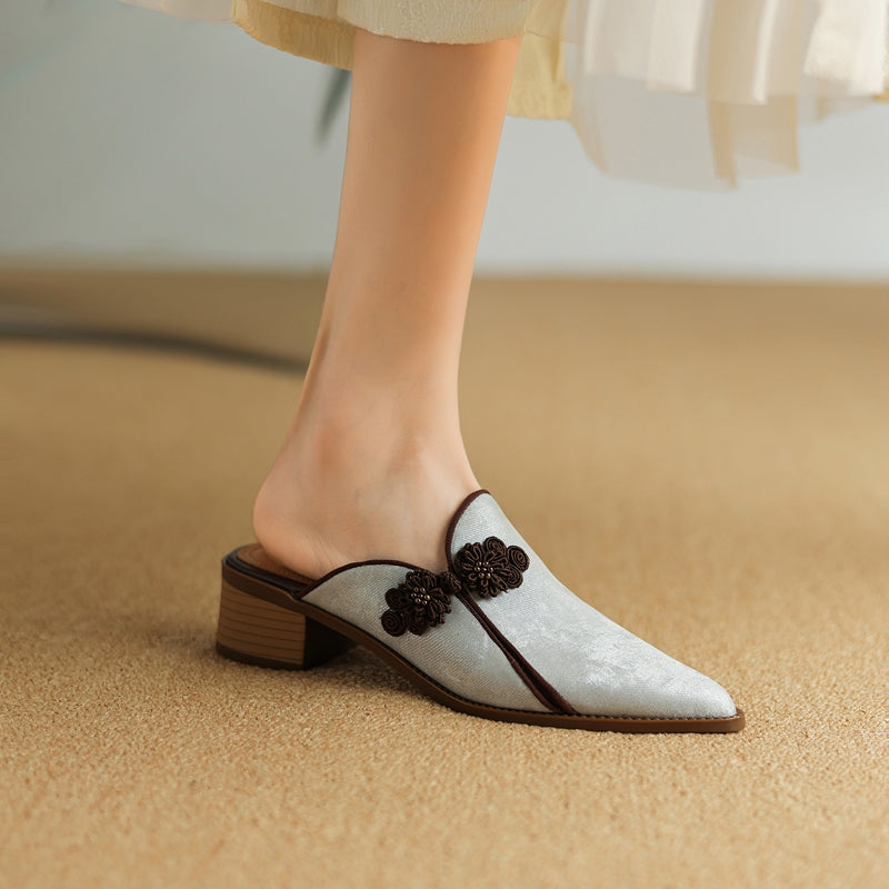 Floral Suede Block Heel Pumps with Pointed Toe