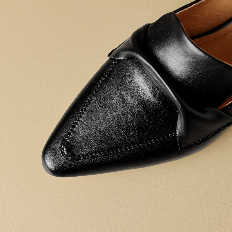 Pointed Toe Genuine Leather Block Heel Mules