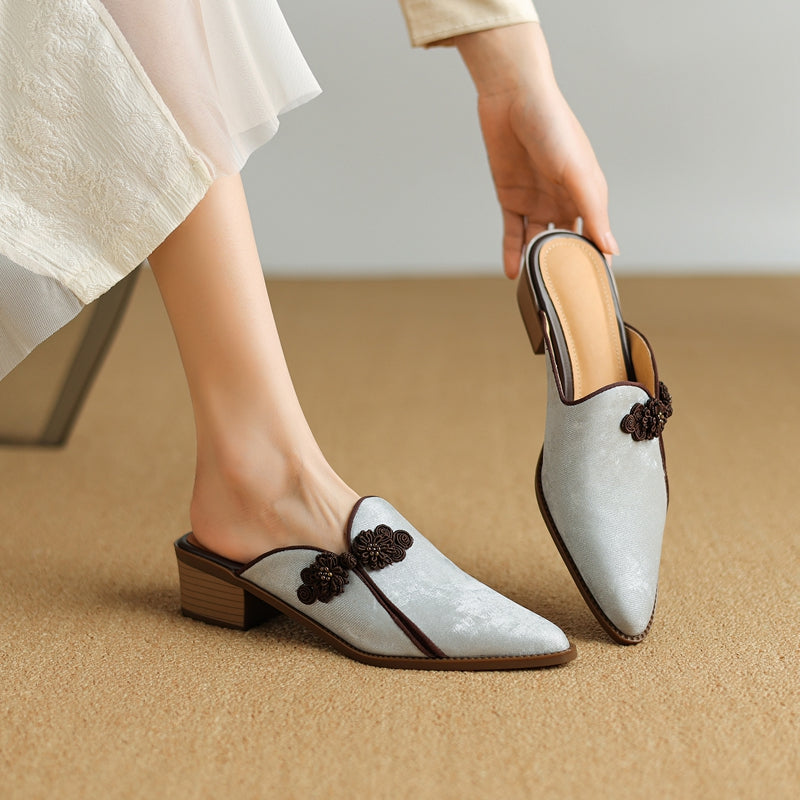 Floral Suede Block Heel Pumps with Pointed Toe