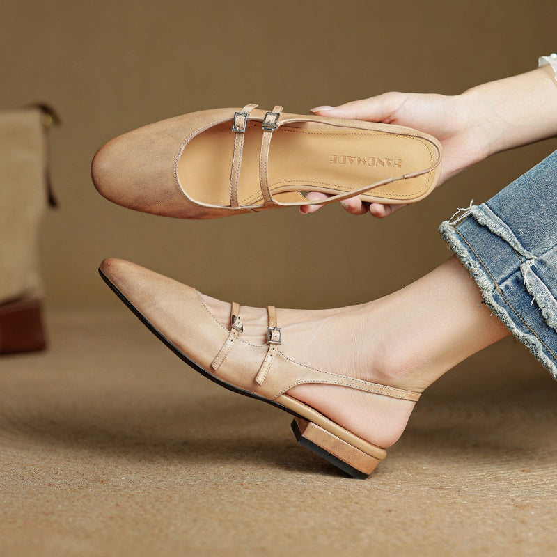 Genuine Leather Double Strap Slingback Ballet Flats