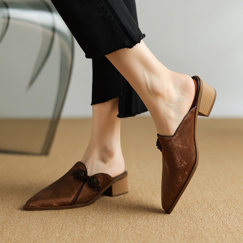Floral Suede Block Heel Pumps with Pointed Toe