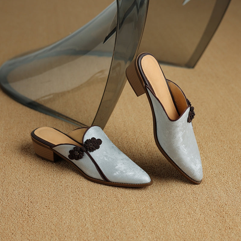 Floral Suede Block Heel Pumps with Pointed Toe