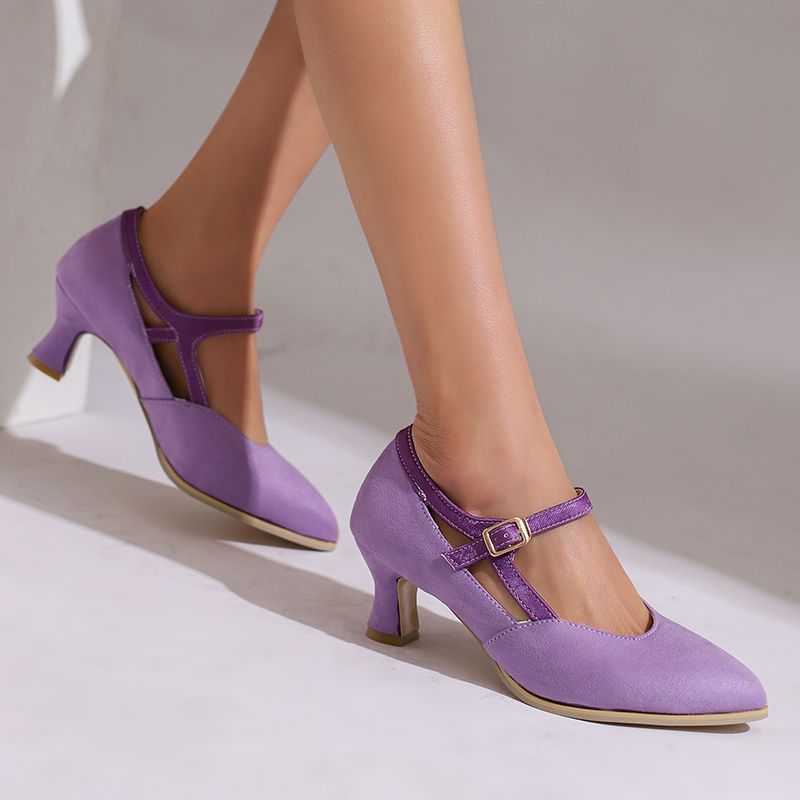 Suede Ankle Strap Closed-Toe Block Heel Pumps
