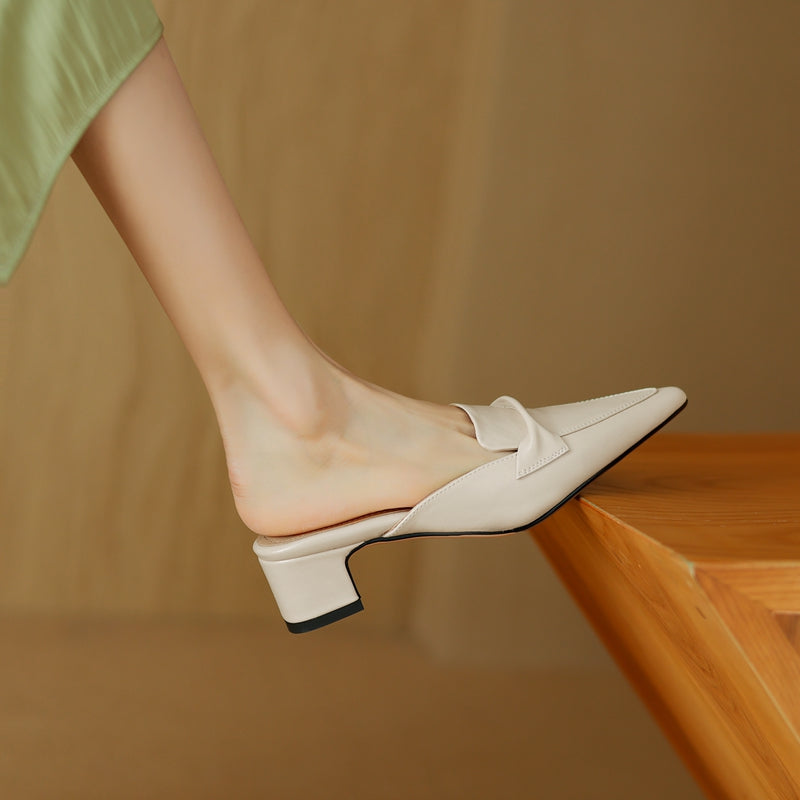 Pointed Toe Genuine Leather Block Heel Mules