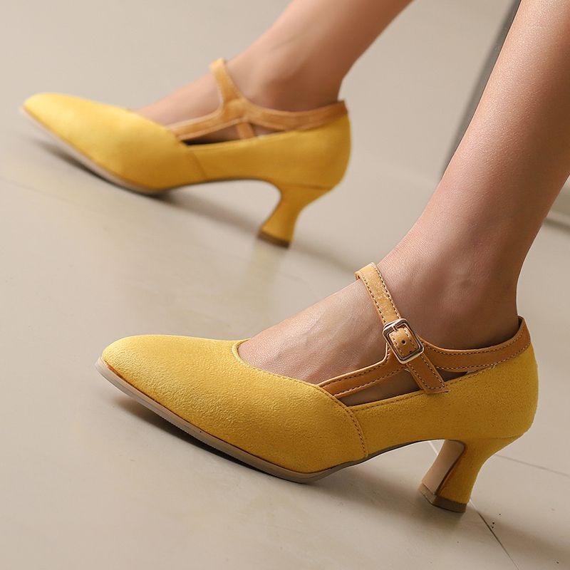 Suede Ankle Strap Closed-Toe Block Heel Pumps