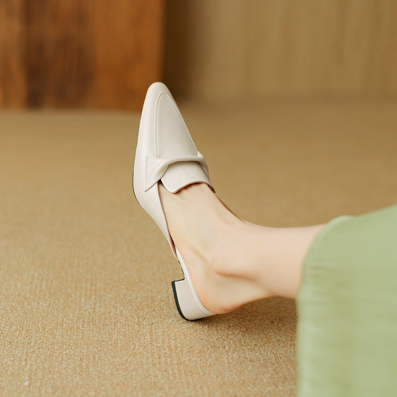 Pointed Toe Genuine Leather Block Heel Mules