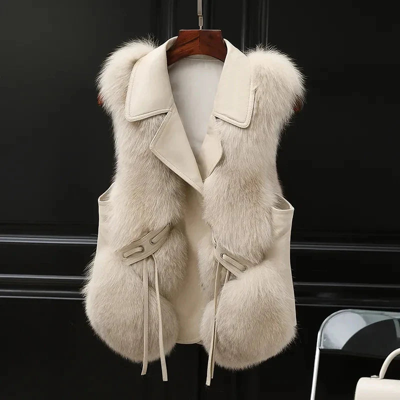 Oversized Faux Fur Trim Leather Detail Vest