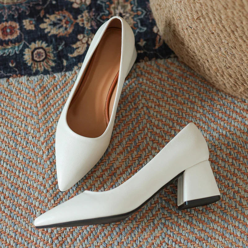 Minimal Block Heel Closed-Toe Leather Pumps