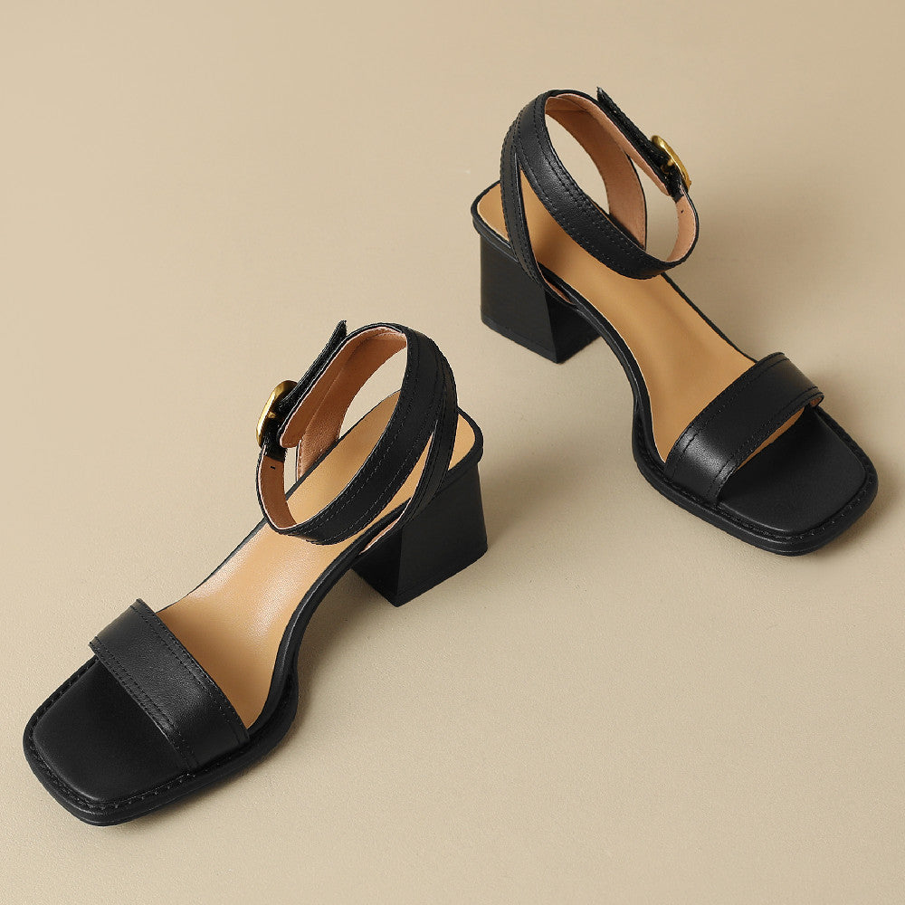 Square-Toe Leather Block Heel Sandals