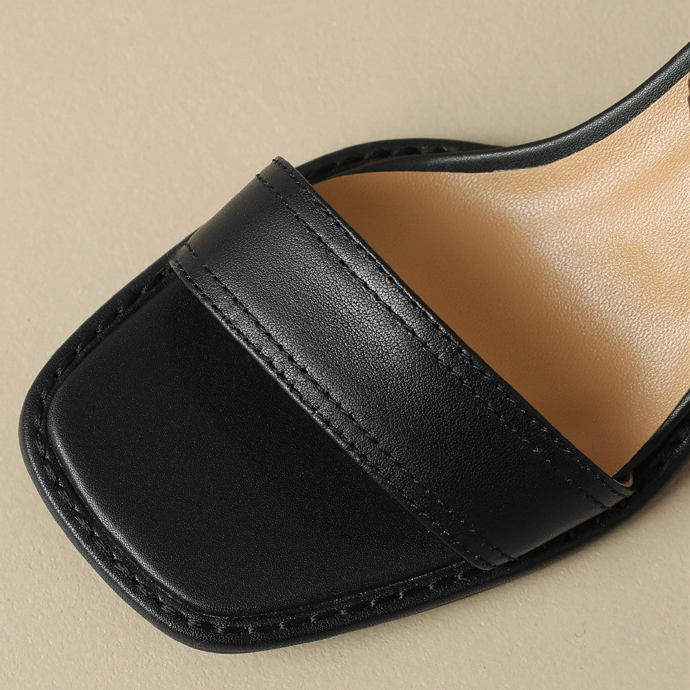 Square-Toe Leather Block Heel Sandals