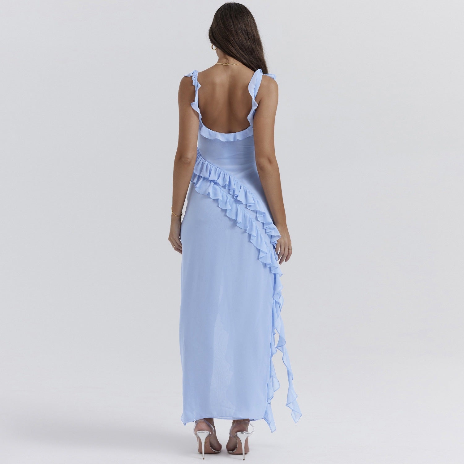 Ruffled Strap Square Neck High Slit Georgette Maxi Dress