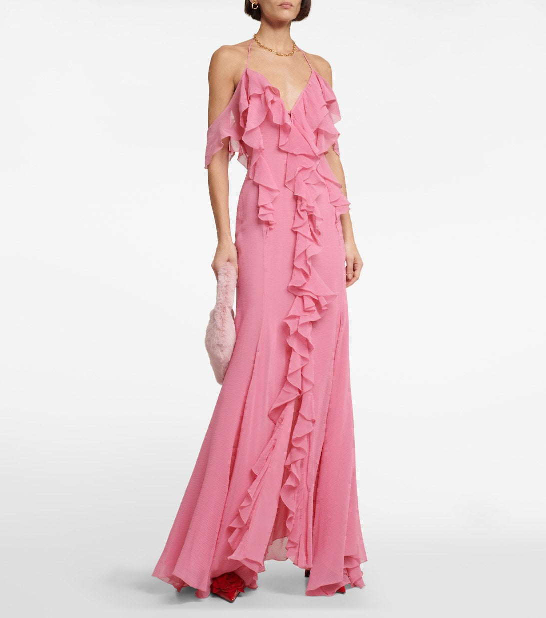 Draped Halter Ruffle Cotton Maxi Dress