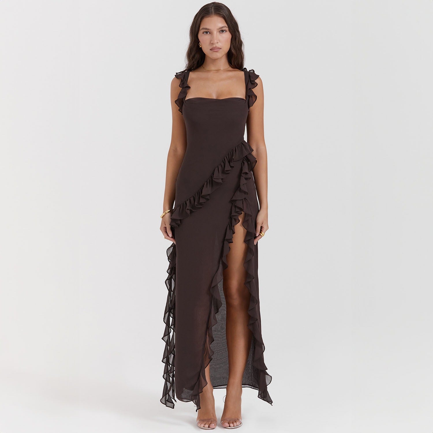 Ruffled Strap Square Neck High Slit Georgette Maxi Dress
