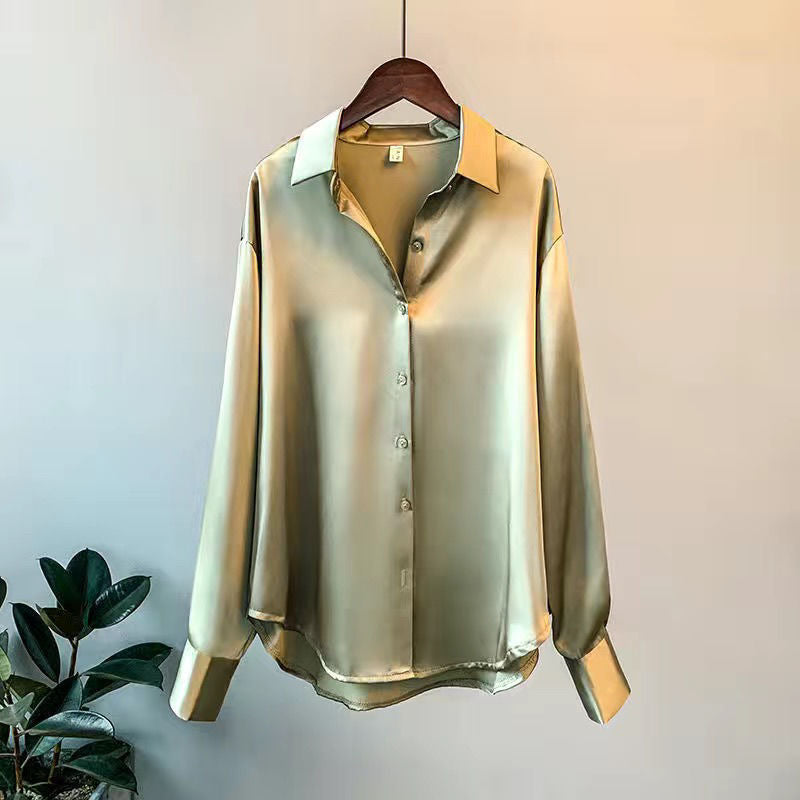 Lustrous Satin Button-Up Blouse