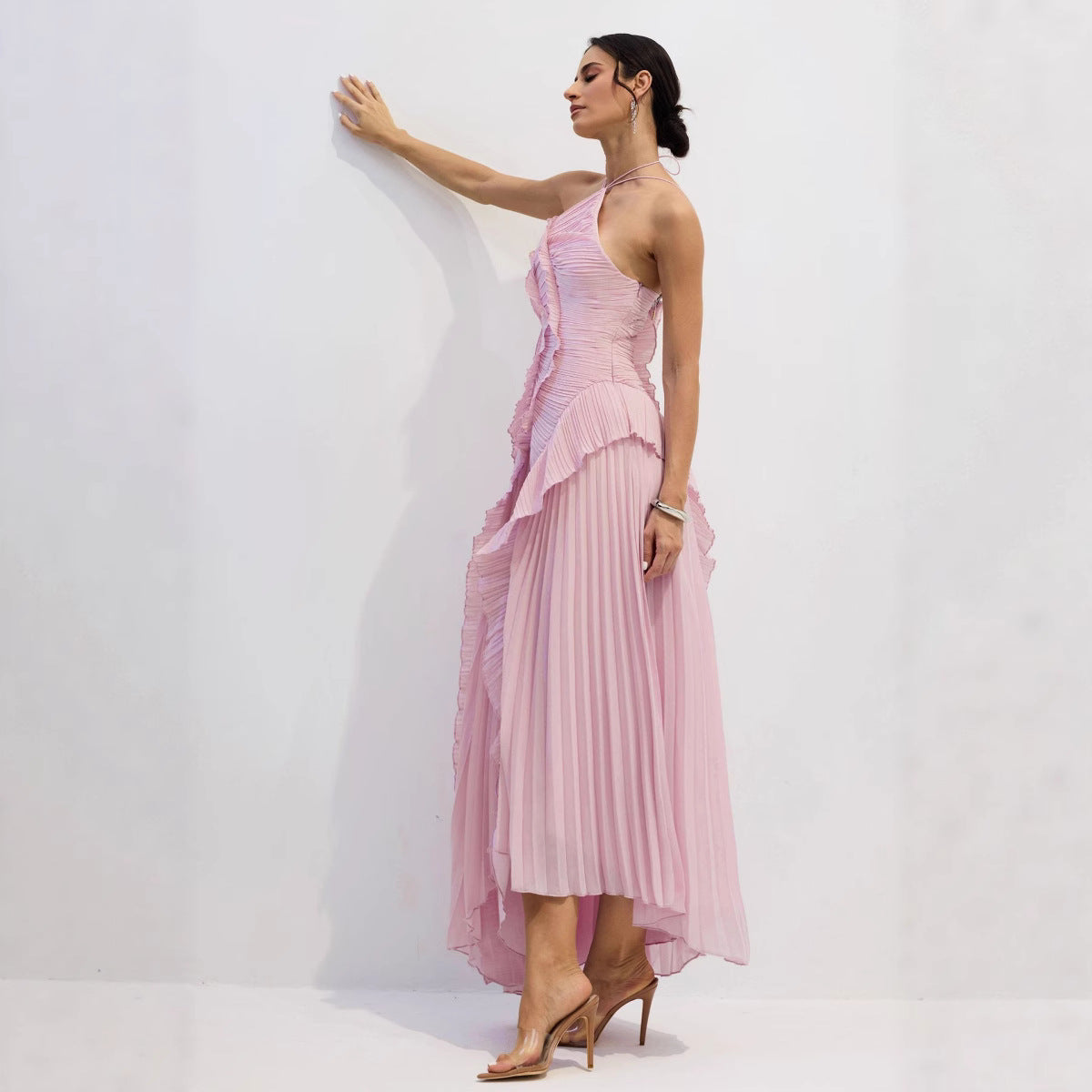 Pleated Halter Ruffle Maxi Dress