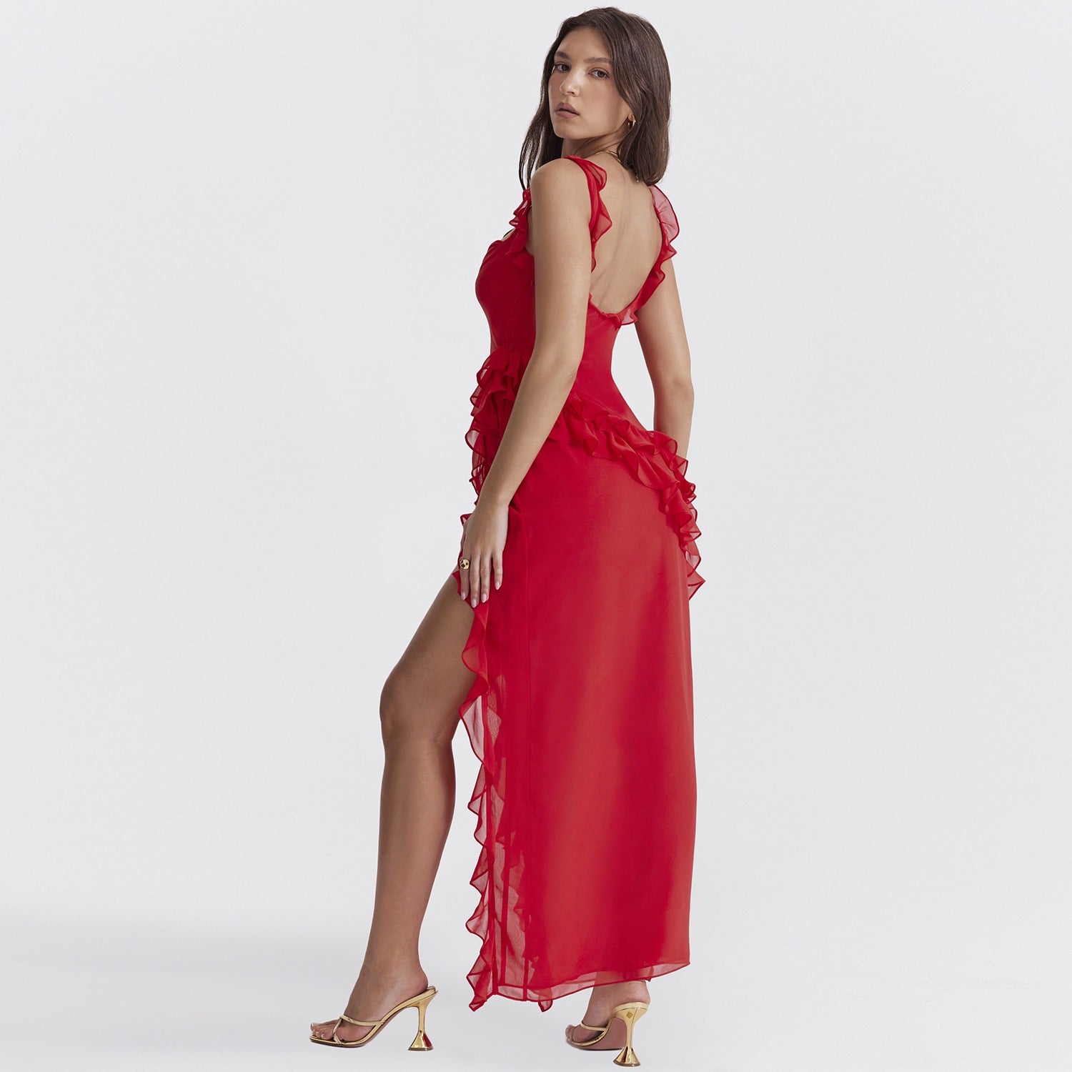 Ruffled Strap Square Neck High Slit Georgette Maxi Dress