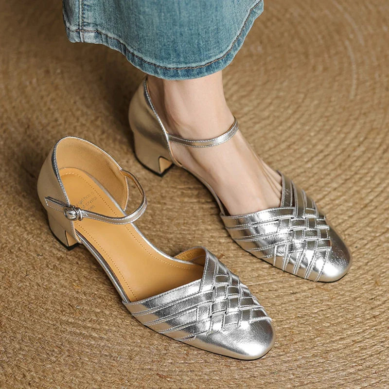 Adjustable Strap Leather Block Heel Sandals