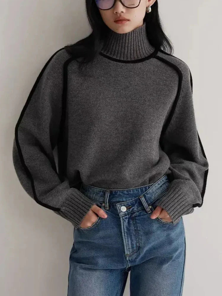 Contrast Seam Relaxed Turtleneck Sweater